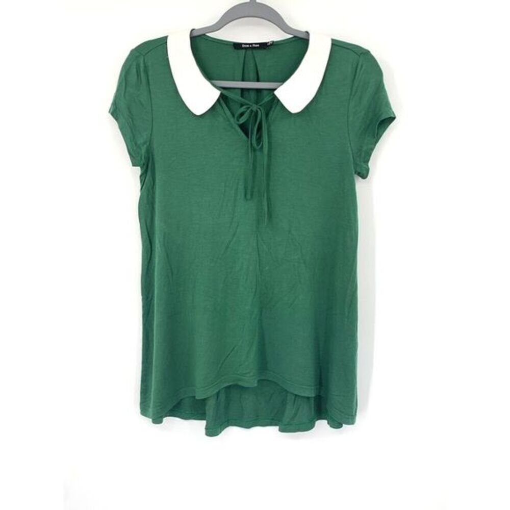 Doe & Rae Stretch Green with White Collar V neck with Tie Women's Top Size Small